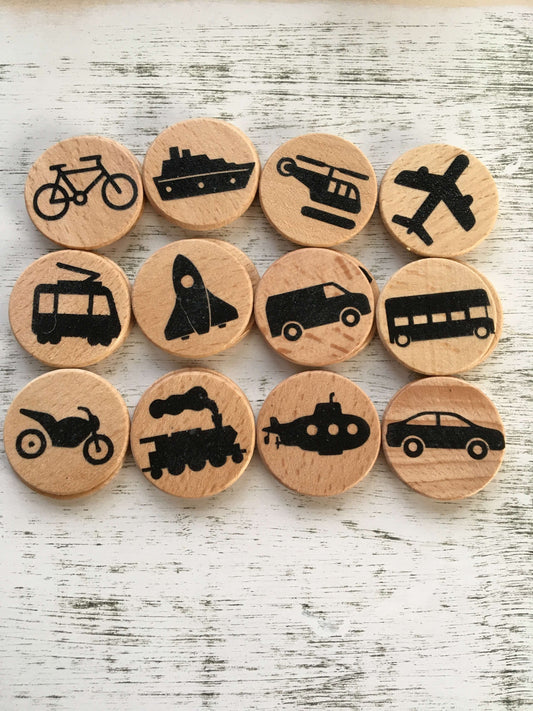 Transportation memory game. Brain and picture wooden memory game. Bike boat helicopter airplane streetcar rocket ship van bus motorcycle train submarine car
