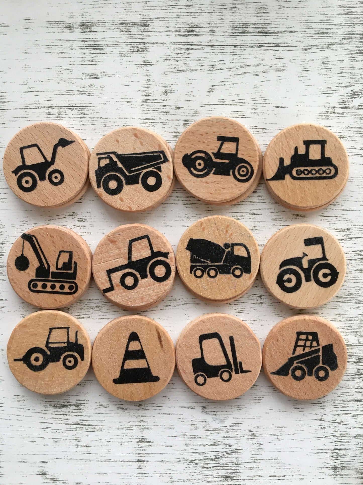 Construction memory game fun matching game Montessori vehicles and tools for kids children and adults hand painted in the USA skid loader dump truck roller bulldozer wrecking ball fork lift cement truck cone