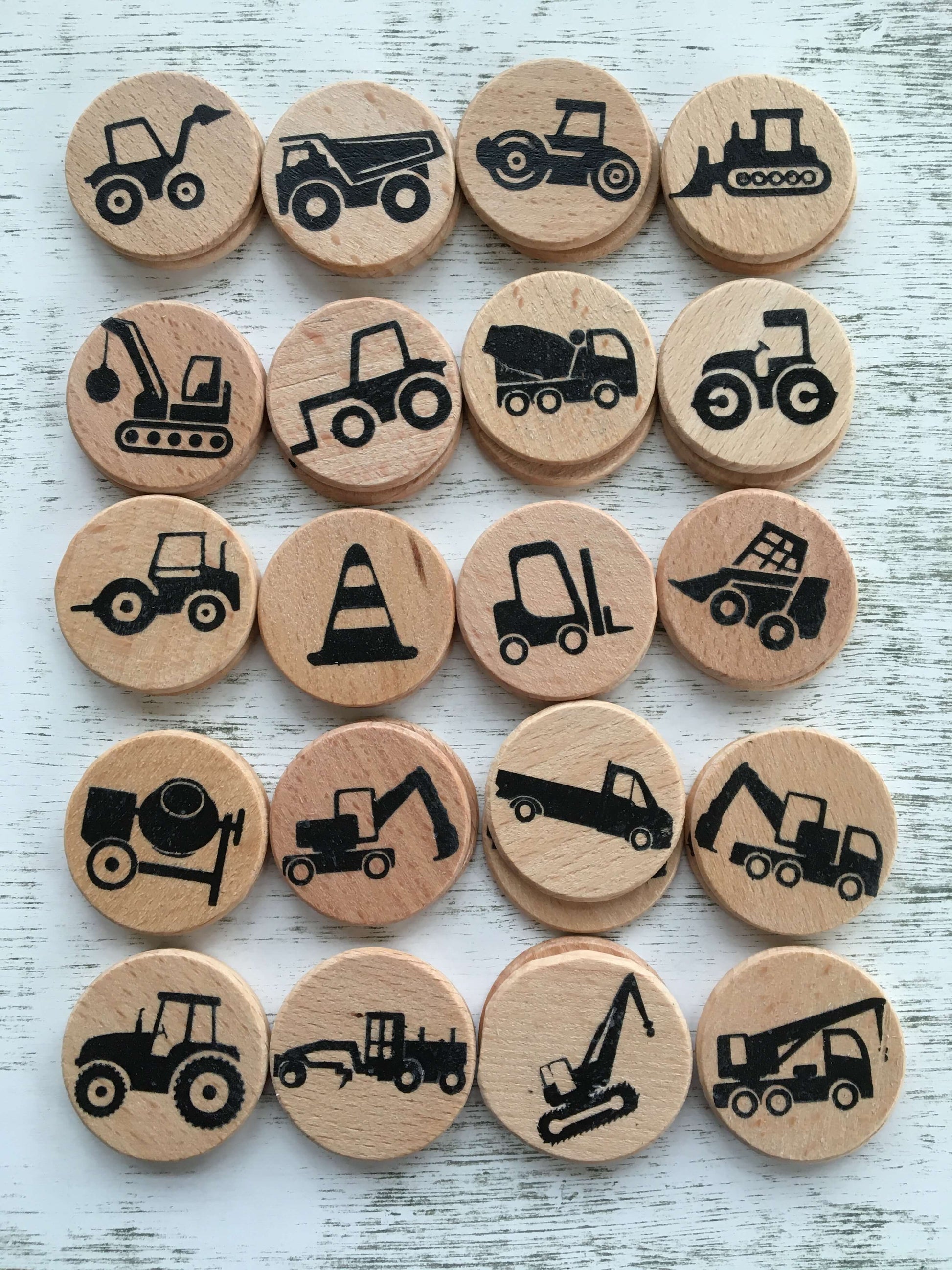 Construction memory game fun matching game Montessori vehicles and tools for kids children and adults hand painted in the USA skid loader dump truck roller bulldozer wrecking ball fork lift cement truck cone concrete crane truck excavator tractor 
